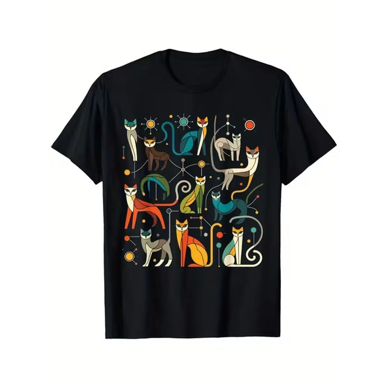 item picture mens and womens vintage century modern t shirt featuring teal orange white and brown cats comfortable tee 1950s and 60s graphics suitable for daily casual use machine washable in sizes s xxxl