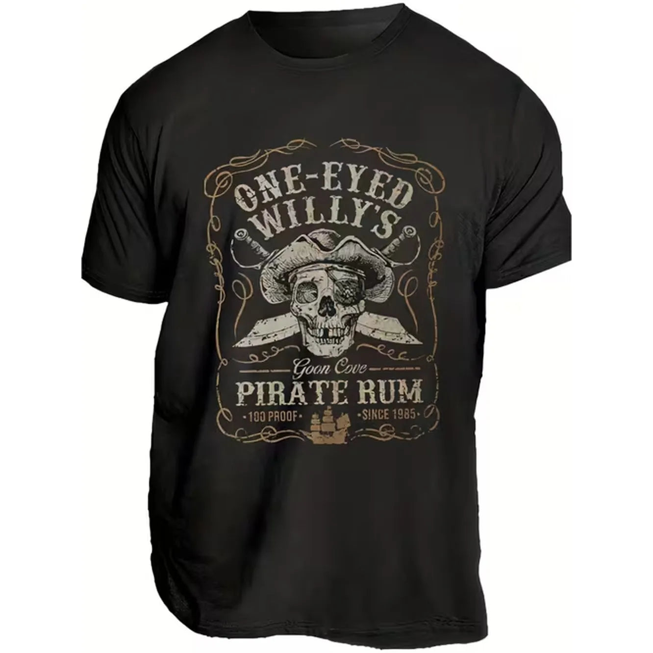 item picture mens vintage pirate t shirt with skull swords design retro nautical distressed font short sleeve round neck casual shirt suitable for rum lovers pirate themed apparel for casual attire adventure outfits