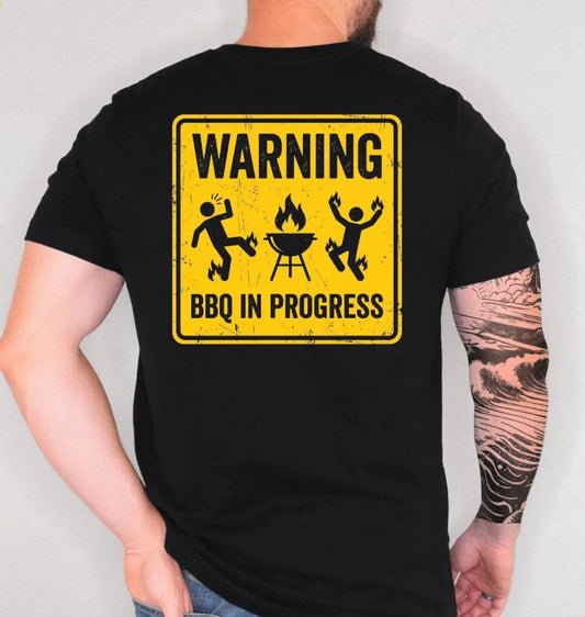 BBQ Shirt Funny Grilling Shirt Warning BBQ in Progress T Shirt Backyard Cookout Shirt Grill Master Gift for Men Shirts