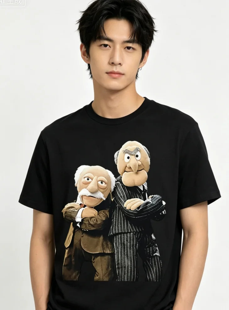 Men's Statler and Waldorf Black T-Shirt From The Muppet Show Fun Short-Sleeve Graphic Tee Merchandise Character Print Printing