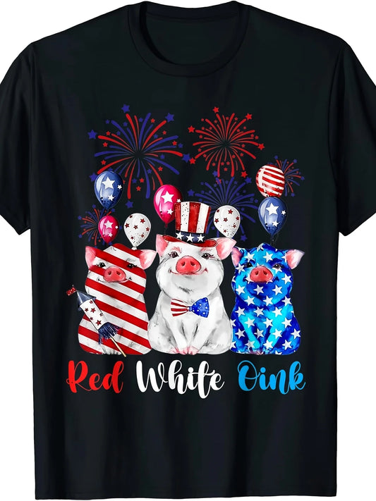 Plus Size, Red and White Cute Pig 4th of July American Flag Patriotic T-shirt, Unisex, 2026 Summer Model, Short Sleeve, Round Neck, Slightly Stretchy, Regular Fit, Vintage Style, Printed Pattern, PLUS SIZE