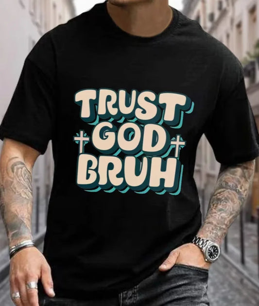 Plus Size Men's Trust God Bruh Print T-shirt Slim Fit Short Sleeve Tees for Summer, Men's Clothing T-shirt