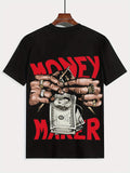 Men'S 'MONEY MAKER' Graphic Tee - Trendy Black Shirt Showcasing Cartoon Hands Gripping Dollar Bills, Striking Red Lettering, Great for Street Style Lovers, Comfy Material for Daily Use, Perfect for Casual Outings And Fashionable Appearances