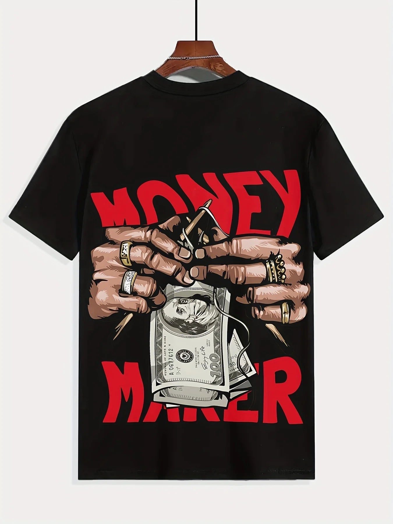 Men'S 'MONEY MAKER' Graphic Tee - Trendy Black Shirt Showcasing Cartoon Hands Gripping Dollar Bills, Striking Red Lettering, Great for Street Style Lovers, Comfy Material for Daily Use, Perfect for Casual Outings And Fashionable Appearances