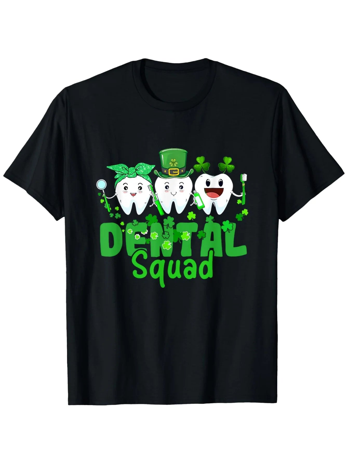 Funny Men's Black Graphic T-Shirt Dental Squad Cartoon Teeth Green Clover Lucky Hat Smiling Tooth Brush Letter Print 100% Cotton Heavyweight Short Sleeve Casual Streetwear Tee