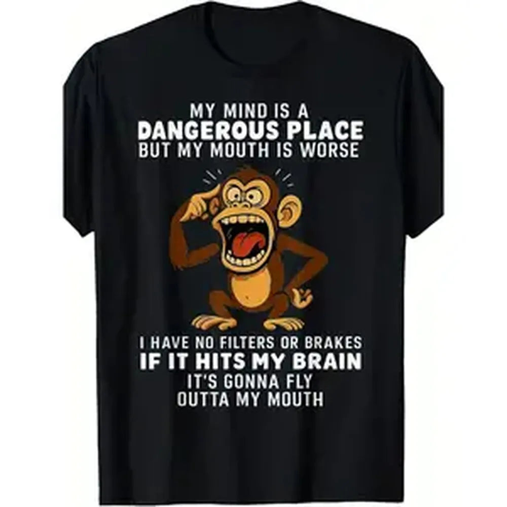 Mens Humorous Monkey Graphic T Shirt Featuring My Mind Is a Dangerous Place Slogan Perfect Casual Short Sleeve Party Tee for Fourth of July Comfortable Breathable Soft Fabric with Medium Stretch and Round Neck streetwear, shop deals, summer outfits,