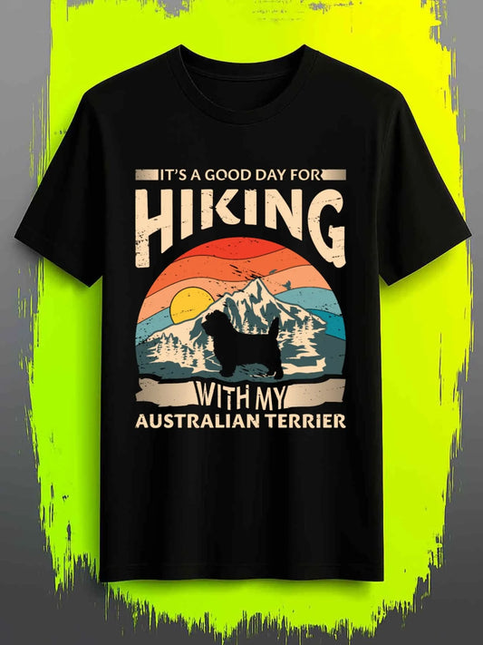Vintage Men's Black Graphic T-Shirt Australian Terrier Dog Mountain Sunset Hiking Slogan Retro Nature Adventure Print 100% Cotton Heavyweight Short Sleeve Casual Streetwear Tee