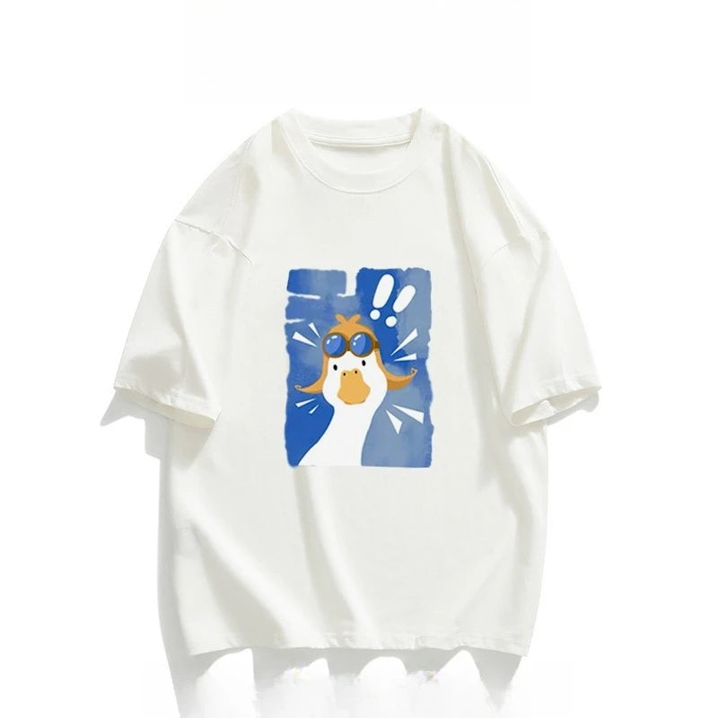 HOT SALE Funny Big White Goose Printed Cotton T-shirt for Men and Women Casual Breathable Loose Round Neck T-shirt Top Y2K Top