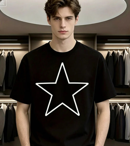 Casual T-Shirt with A Round Neck and White Star Pattern T-Shirt Street Hip-Hop Style Men'S T-Shirt Long Plus Size Home T-Shirts
