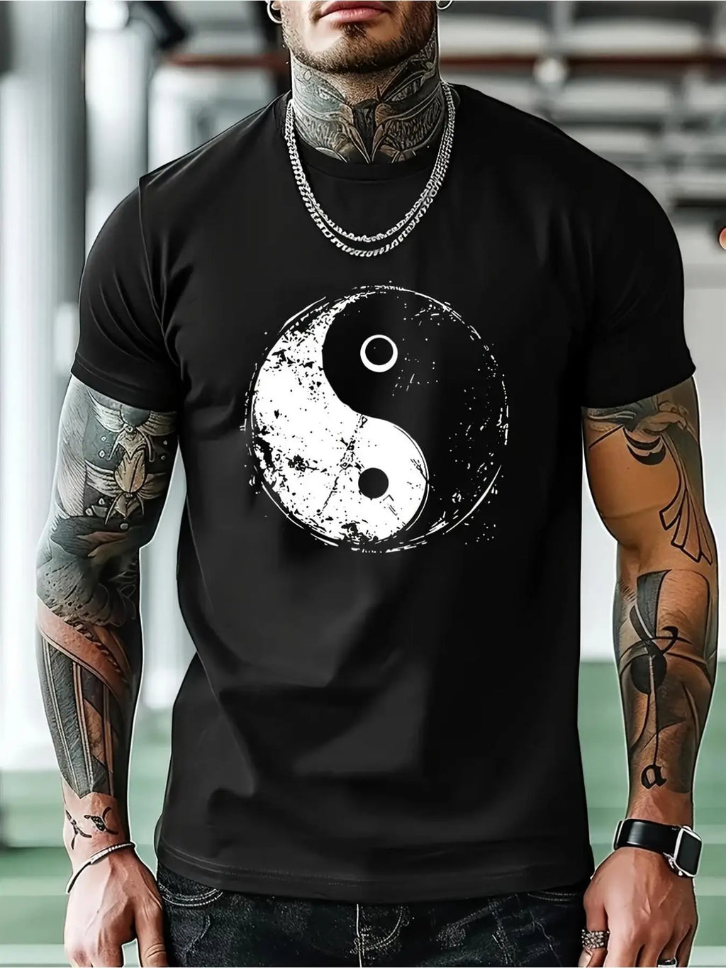 Men'S Yin Yang Graphic Tee - Black with White Print, Short Sleeves, Round Collar, Washable in Machine, Casual Look, Ideal Present for Friends, Daily Wear Tee with Yin Yang Print, Comfortable Fit
