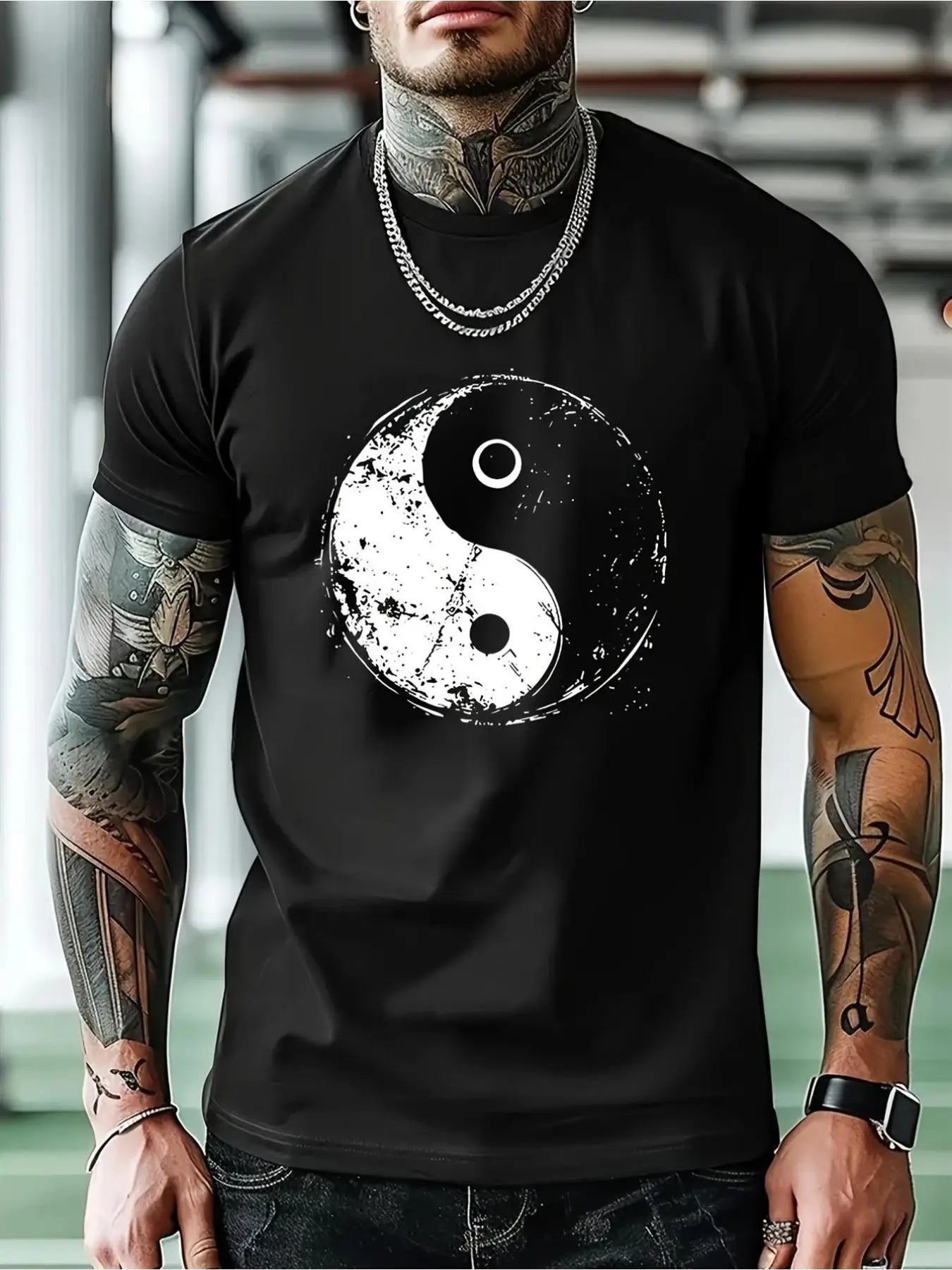 Men'S Yin Yang Graphic Tee - Black with White Print, Short Sleeves, Round Collar, Washable in Machine, Casual Look, Ideal Present for Friends, Daily Wear Tee with Yin Yang Print, Comfortable Fit