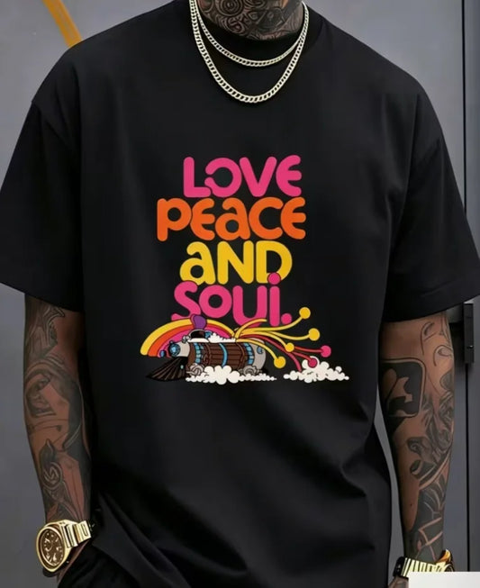 Plus-size Men's Round-neck Multi-color T-shirtFashionable Street Style New Retro Look Soul of Love and Peace Retro Portable Spea