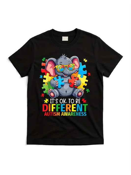 Autism Awareness "It's Okay to Be Different" T-Shirt - Autism Symbol & Puzzle Piece Design with Rainbow Lettering, Soft Breathable Cotton Unisex Adult Tee, Positive Message Apparel for Autism Support, Casual Casual Attire, PLUS SIZE