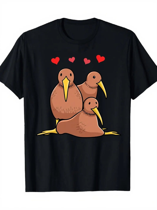 Cute Men's Black Graphic T-Shirt Kiwi Bird Trio Red Hearts Cartoon Animal Illustration Nature Lover Print 100% Cotton Heavyweight Short Sleeve Casual Streetwear Tee