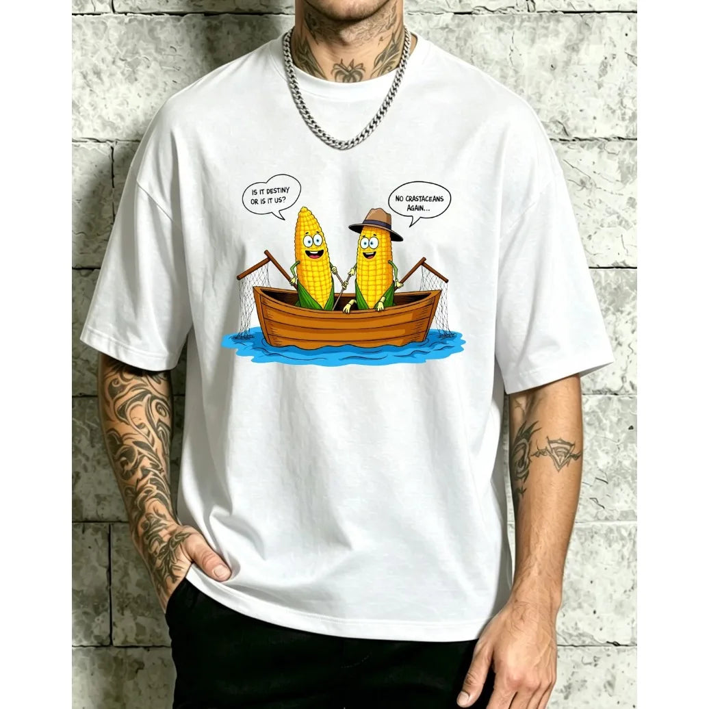 Cartoon Corn Characters In Boat Mens Crew Neck T Shirt Loose Fit Soft Daily Wear And Holiday Gifts Fun Corn With Hat And Oars Fl