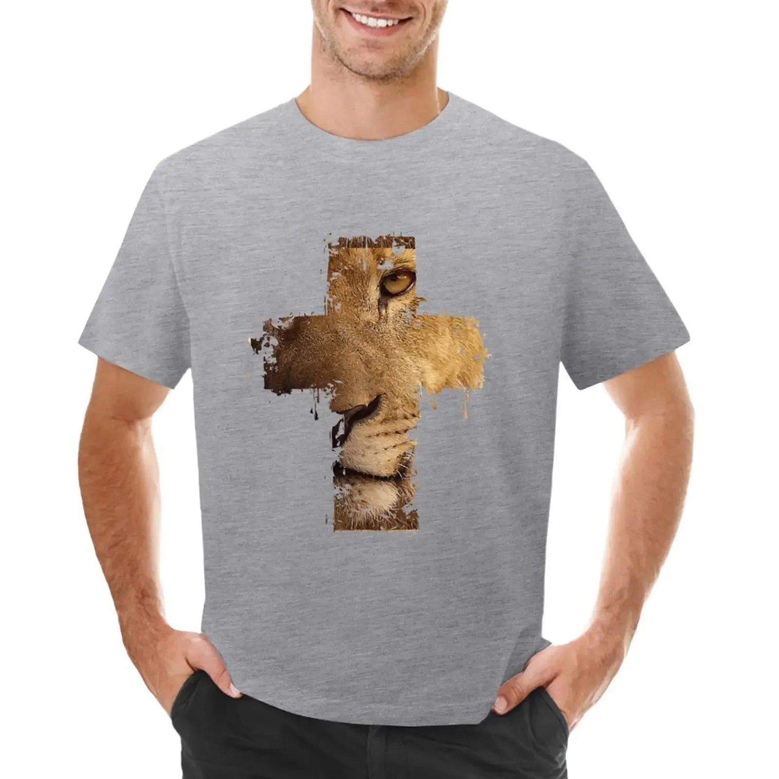 Lion Cross Christian T-Shirt Heavyweights Summer Clothes Blanks Fitted T Shirts for Men Soft and Comfortable Cotton Neutral Tee