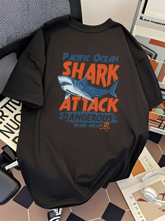 Trendy Men's Black Graphic T-Shirt Pacific Ocean Shark Attack Dangerous Shark Area Bold Letter Print 100% Cotton Heavyweight Short Sleeve Casual Streetwear Tee