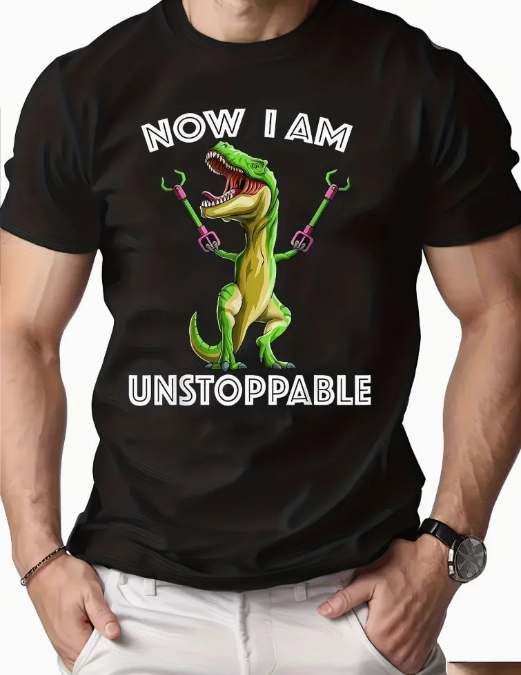 Cartoon Dinosaur with Colorful Text Print, Men's Round Crew Neck Short Sleeve Tee T-Shirt Casual Comfy Lightweight Top Summer