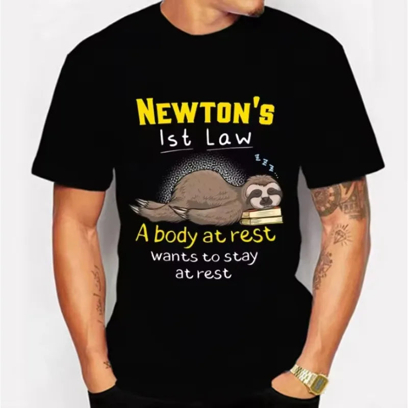 Funny Physics Joke Sloth Print T-shirt for Men Clothes Black Male T-shirts Summer Streetwear Men Unisex Oversized T Shirt Homme