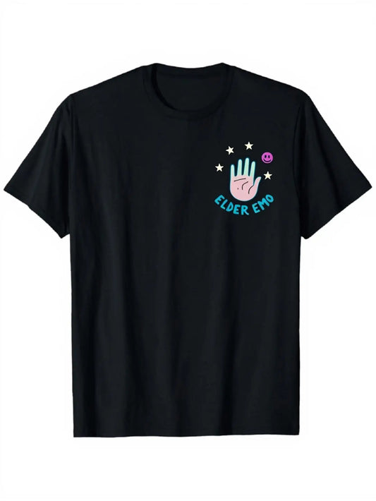 Trendy Men's Black Graphic T-Shirt Elder Emo Hand Sign Stars Smiley Face Bold Letter Print 100% Cotton Heavyweight Short Sleeve Casual Streetwear Tee