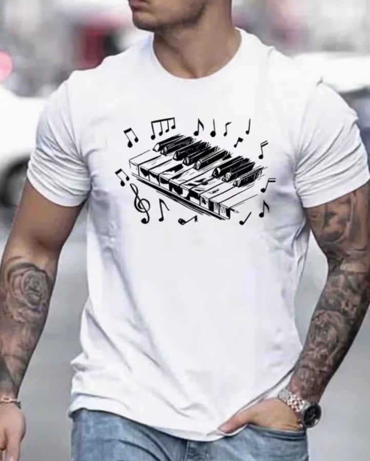 Men's Piano Music Note Print T-Shirt Casual Crew Neck Short Sleeve Cotton Tee for Music Lovers Streetwear