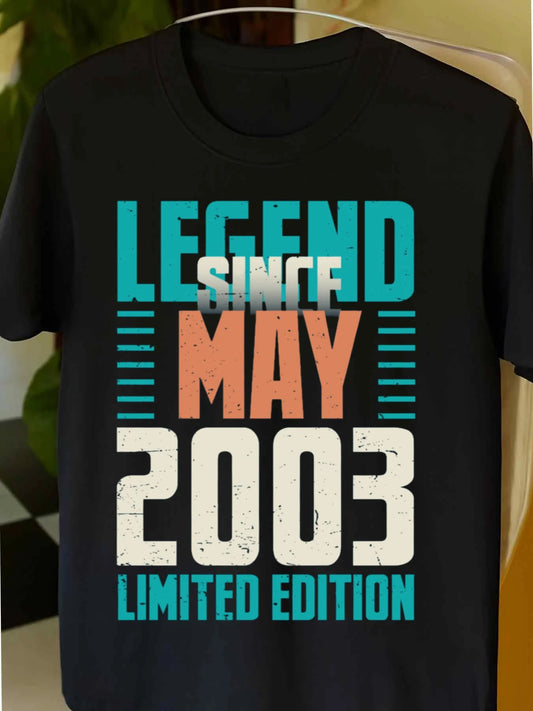 Vintage Men's Black Graphic T-Shirt Legend since May 2003 Limited Edition Bold Letter Retro Number Print 100% Cotton Heavyweight Short Sleeve Casual Streetwear Tee