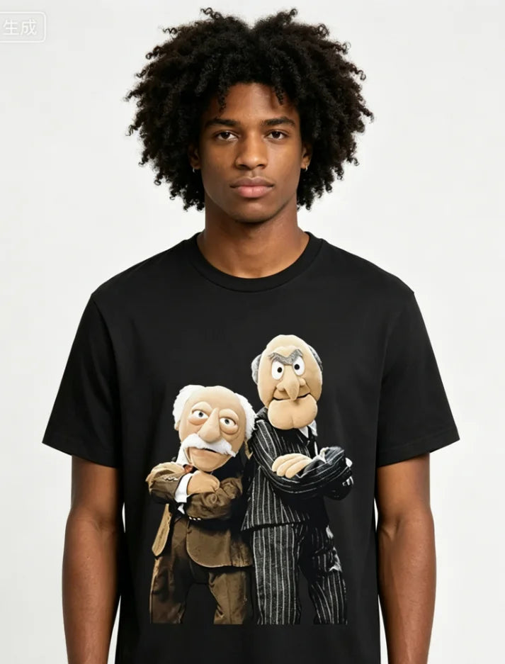 Men's Statler and Waldorf Black T-Shirt From The Muppet Show Fun Short-Sleeve Graphic Tee Merchandise Character Print Printing