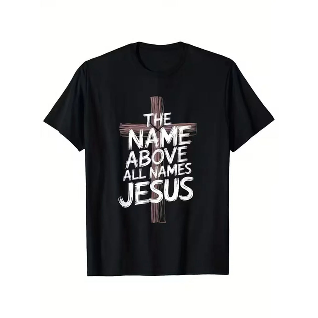 item picture mens black t shirt featuring an inspirational christian cross of above for casual round neck tee suitable for year round use comfortable graphic tee for everyday wear