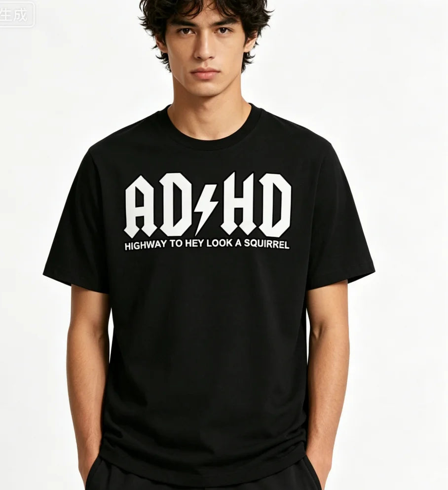 Men's Attention Deficit Hyperactivity Disorder Pattern T-shirt-black Casual Summer Round Neck T-shirt Bold Local Stock T-shirts
