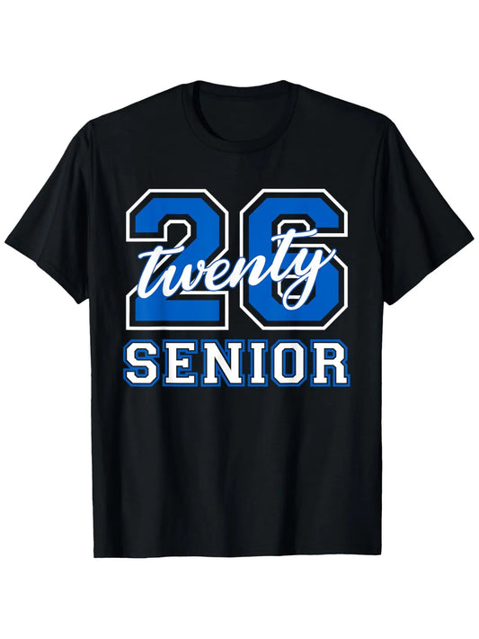 Trendy Men's Black Graphic T-Shirt Blue 26 Senior Script Number Varsity Letter Print Graduation Style 100% Cotton Heavyweight Short Sleeve Casual Streetwear Tee