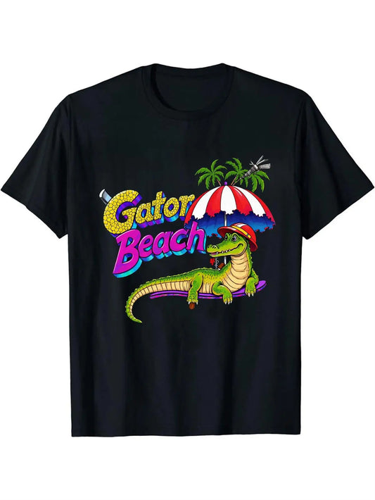 Vintage Men's Black Graphic T-Shirt Gator Beach Alligator Surfboard Palm Tree Umbrella Tropical Vacation Bold Letter Print 100% Cotton Heavyweight Short Sleeve Casual Streetwear Tee