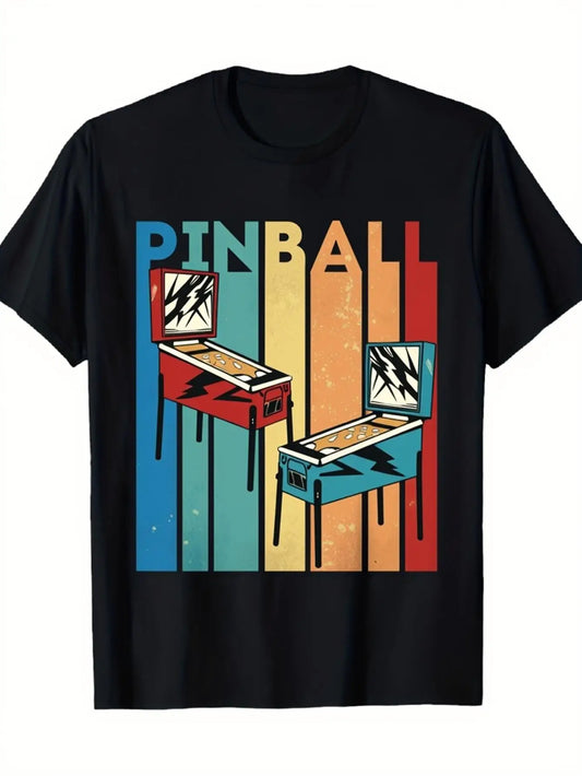 Retro Men's Black Graphic T-Shirt Pinball Arcade Machine Vintage Stripe Bold Letter Print Gaming Theme 100% Cotton Heavyweight Short Sleeve Casual Streetwear Tee