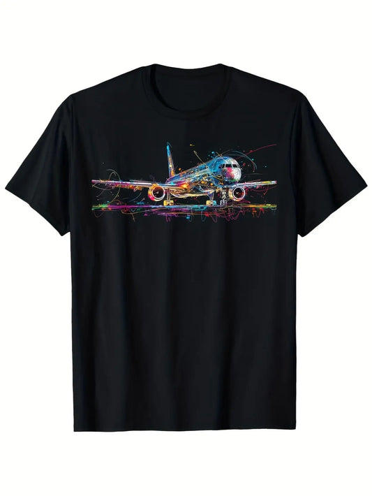 Streetwear Men's Black Graphic T-Shirt Neon Airplane Runway Abstract Line Art Travel Aviation Illustration Print 100% Cotton Heavyweight Short Sleeve Casual Streetwear Tee