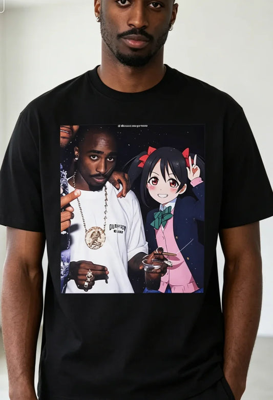 Unique Black Graphic T-Shirt Featuring a Stylish Real-Life and Anime Characters Shirt Anime Girl with Twin Tails and Red Bows
