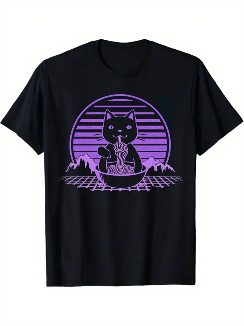 Retro Men's Black Graphic T-Shirt Cat Ramen Noodle Bowl Sunset Mountain Grid Purple Vintage Illustration 100% Cotton Heavyweight Short Sleeve Casual Streetwear Tee