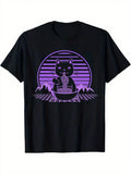 Retro Men's Black Graphic T-Shirt Cat Ramen Noodle Bowl Sunset Mountain Grid Purple Vintage Illustration 100% Cotton Heavyweight Short Sleeve Casual Streetwear Tee