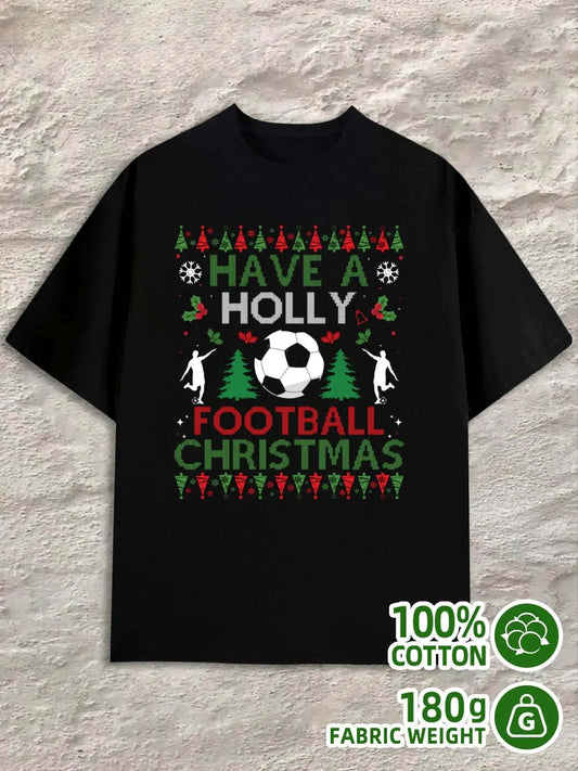 Vintage Men's Black Graphic T-Shirt Soccer Ball Player Pine Tree Snowflake Holiday Slogan Retro Graphic 100% Cotton Heavyweight Short Sleeve Casual Streetwear Tee
