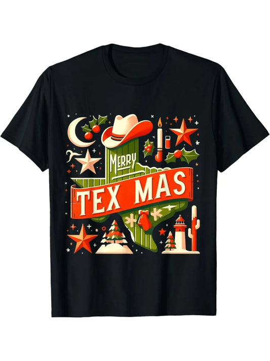 Western Men's Black Graphic T-Shirt Merry Tex Mas Cowboy Hat Cactus Star Moon Desert Tree Letter Print 100% Cotton Heavyweight Short Sleeve Casual Streetwear Tee