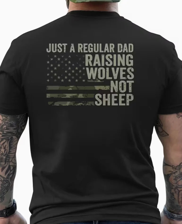 Men's Funny T-Shirt- USA Flag Soldier Camo Regular Fit Raise Wolves Not Sheep Men's Back Print T-Shirt