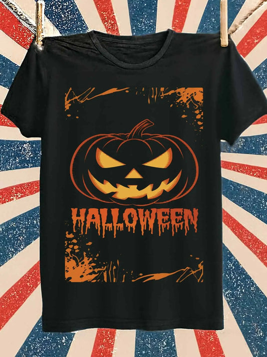 Vintage Men's Black Graphic T-Shirt Jack O Lantern Pumpkin Halloween Dripping Letter Distressed Orange Graphic Print 100% Cotton Heavyweight Short Sleeve Casual Streetwear Tee