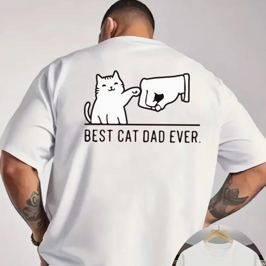 Funny Cat Dad T-Shirt  Men's Light Grey Pet Lover Gift  Breathable Knit Fabric Tee  BEST CAT DAD EVER Back Summer Round Comfort