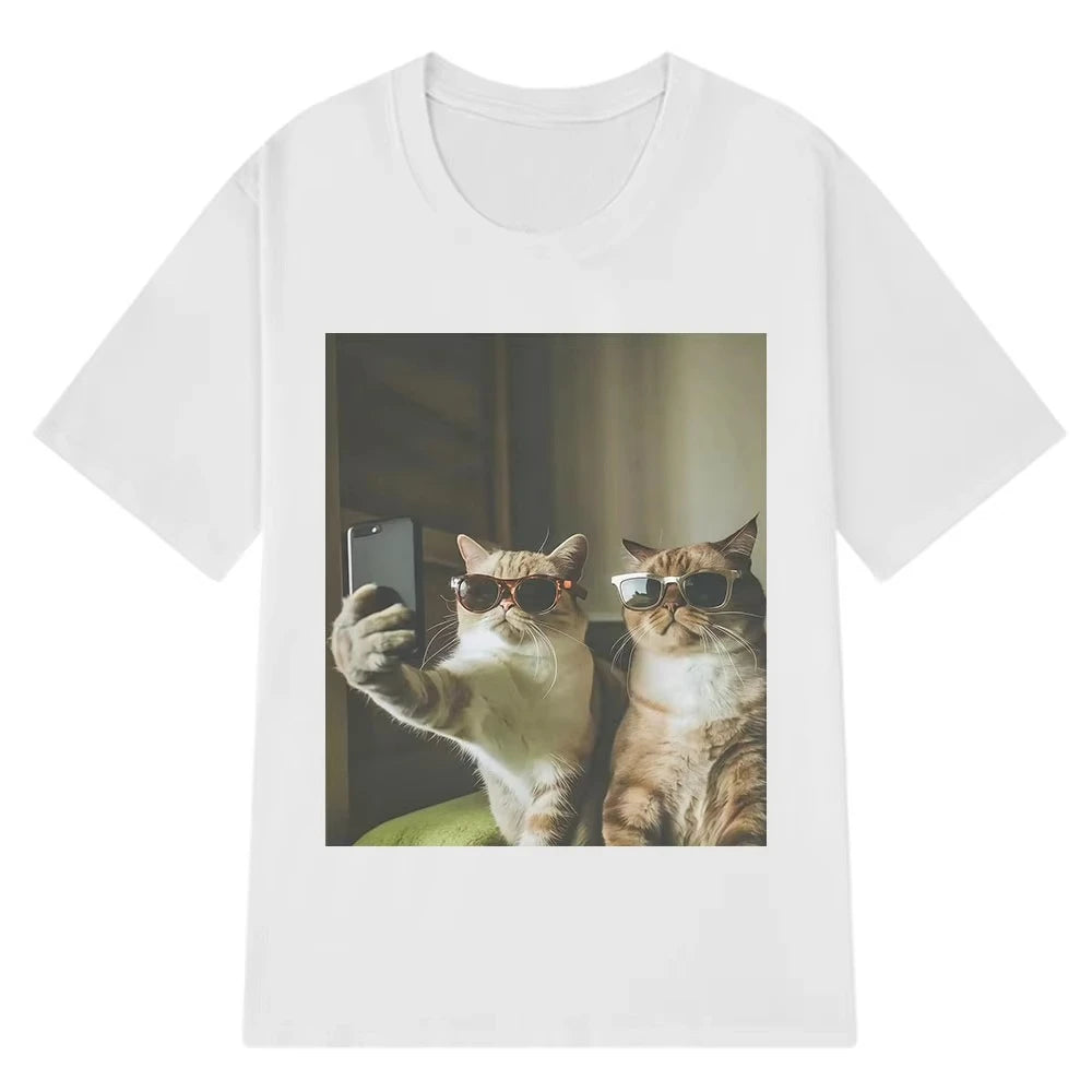 HOT SALE Retro Selfie Friends Funny Cat Meme T-shirt Men Women Harajuku Fashion T-shirt Short Sleeve Cotton Hip Hop Casual Tee
