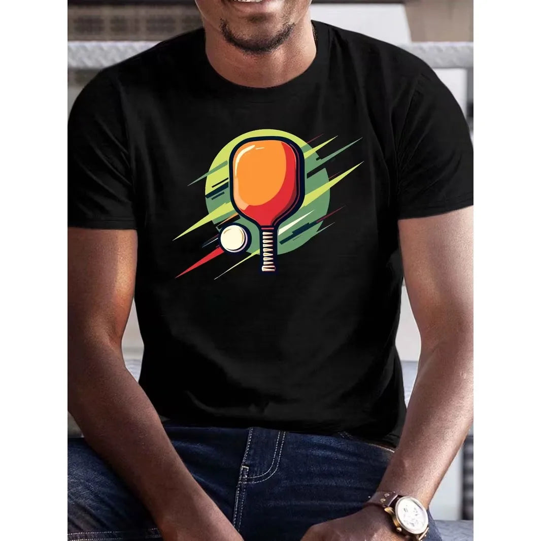 Men'S T-Shirt Ball Pattern Featuring Rackets and Balls Round-Neck Casual Tee Is Perfect for Racket Sports Enthusiasts T-Shirt