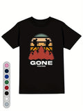 Vintage Men's Black Graphic T-Shirt Hiker Silhouette Pine Tree Sunset Mountain Gone Hiking Retro Print 100% Cotton Heavyweight Short Sleeve Casual Streetwear Tee