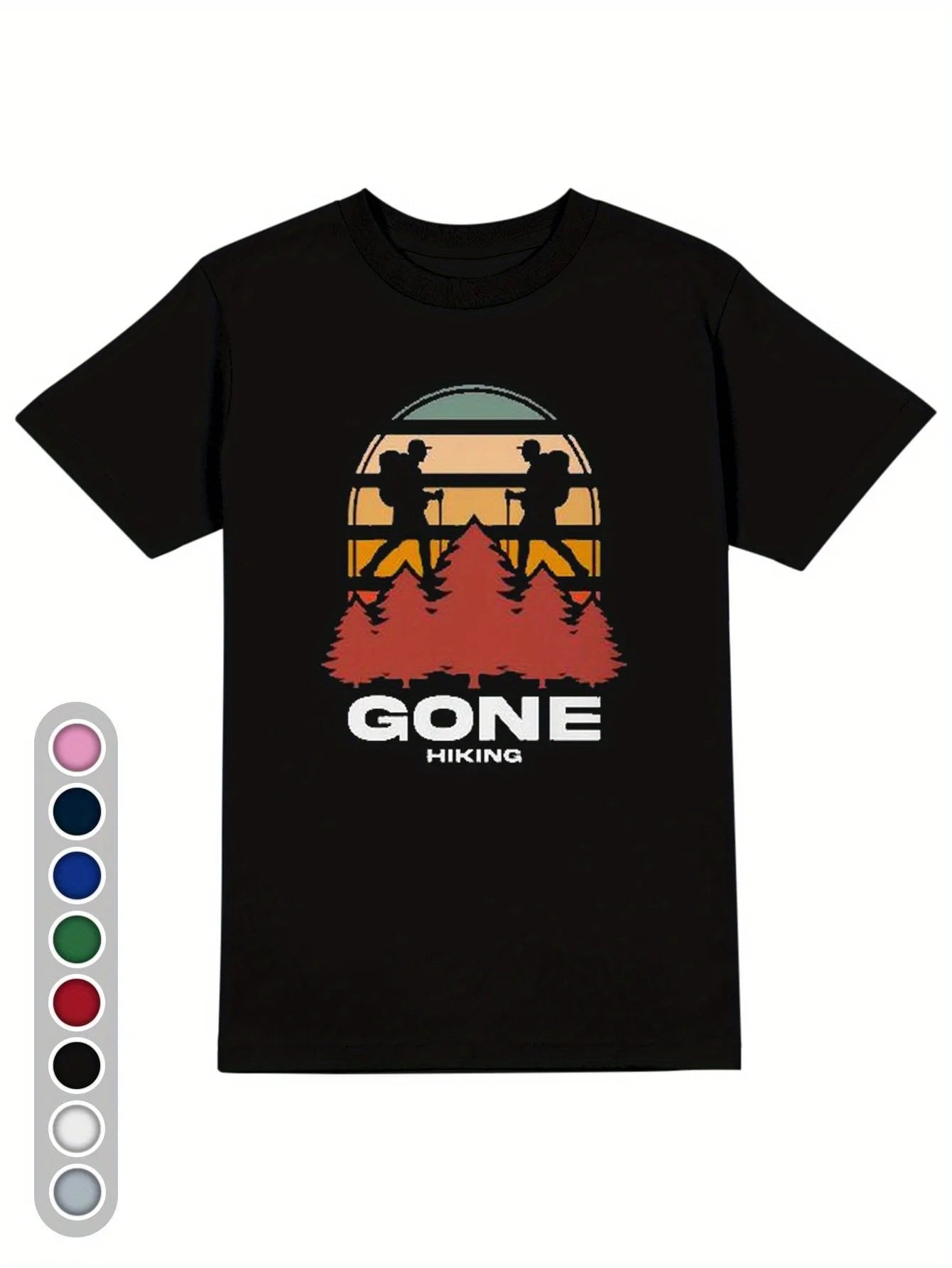 Vintage Men's Black Graphic T-Shirt Hiker Silhouette Pine Tree Sunset Mountain Gone Hiking Retro Print 100% Cotton Heavyweight Short Sleeve Casual Streetwear Tee