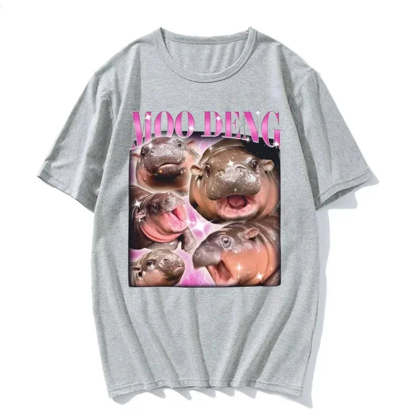 HOT SALE Cute Moo Deng Little Hippo Funny Meme T-shirt Ladies Casual Short Sleeve T-shirt Retro Hip Hop Street T-shirt Top