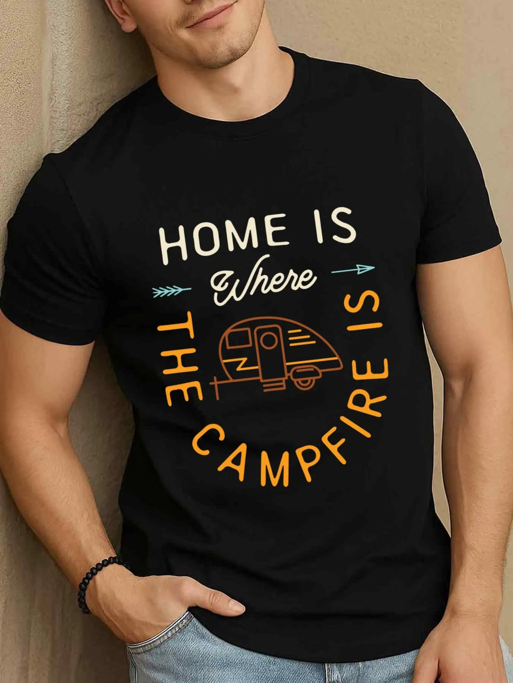 Vintage Men's Black Graphic T-Shirt Home Is Where the Campfire Is Camper Trailer Arrow Quote Print 100% Cotton Heavyweight Short Sleeve Casual Streetwear Tee