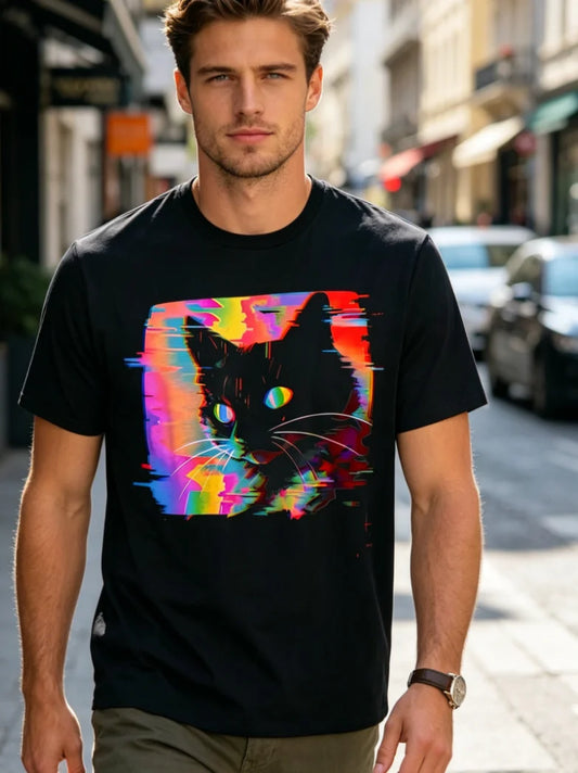 T-Shirt - Trippy 80s Retro Neon Glitch Art Black Tee Pink & Kawaii Characters, Soft Crew Neck Short Sleeve Shirt for Casual Wear