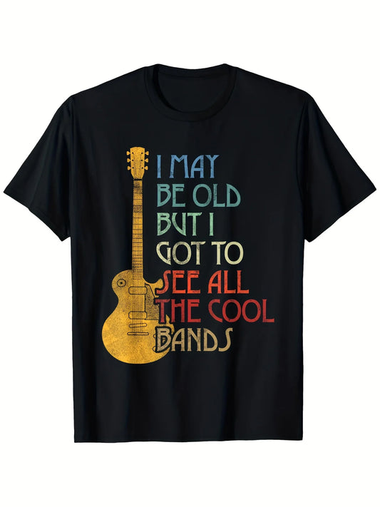 Retro 'I Might Be Aged But I'Ve Witnessed All The Awesome Bands' Graphic Tee - Plus Size, Unisex, Vibrant Guitar And Text Artwork, Casual Outdoor Unisex Tee, Band Tee, Vintage Men'S Tee, Music Lover Shirt