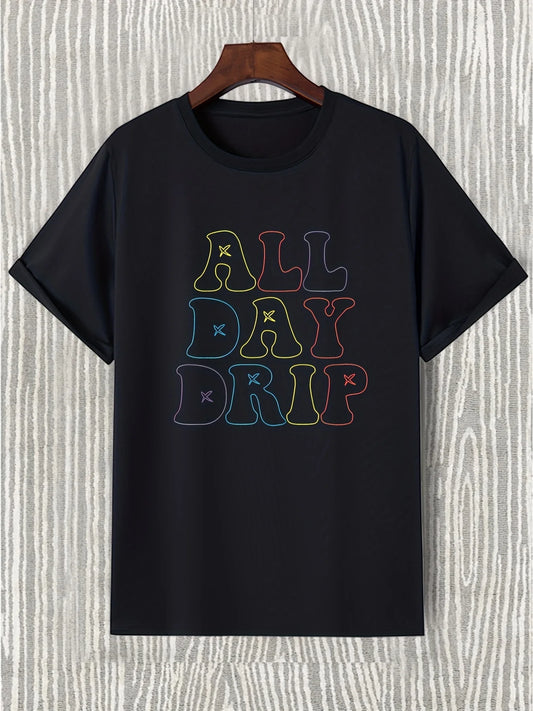 Trendy Men's Black Graphic T-Shirt All Day Drip Colorful Bubble Letter Outline Typography Statement Print 100% Cotton Heavyweight Short Sleeve Casual Streetwear Tee